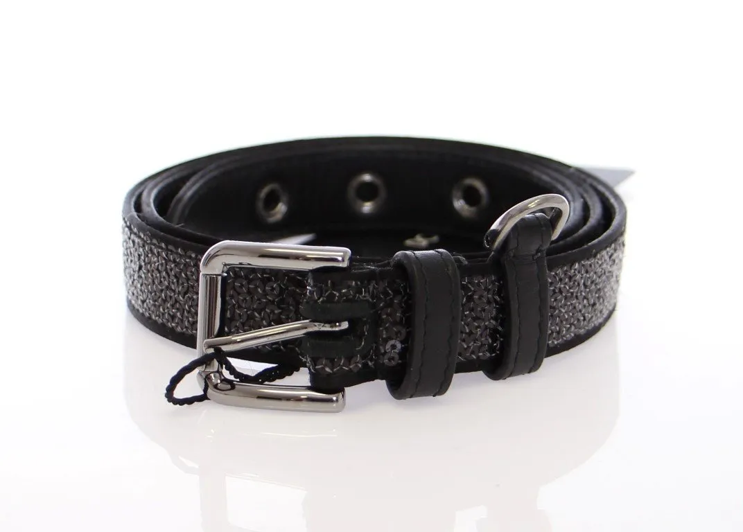 Black Silk Sequined Silver Logo Belt