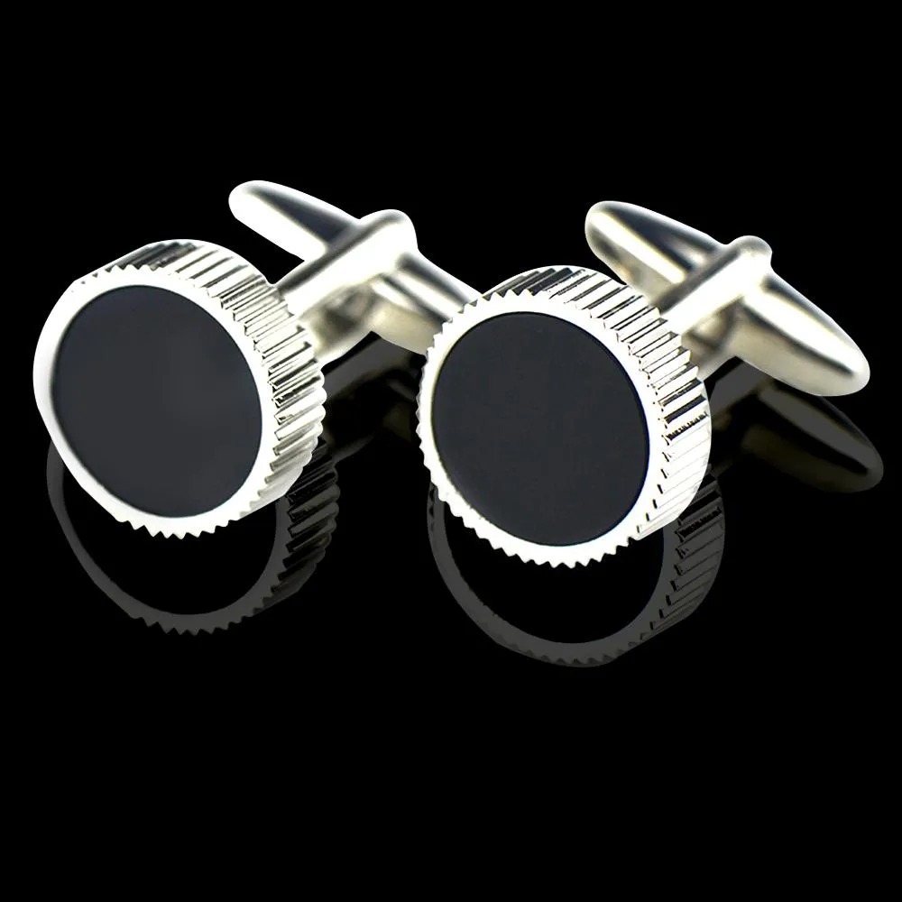 Black Silver Mens Stainless Steel Round Cufflinks for Shirt with Box - Hand Crafted Perfect Gift