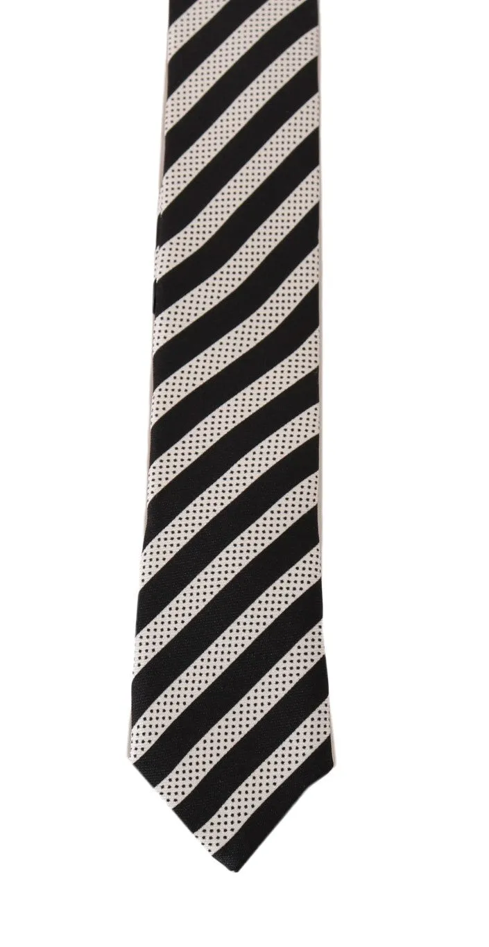 Black White Silk Striped Dotted Slim Tie