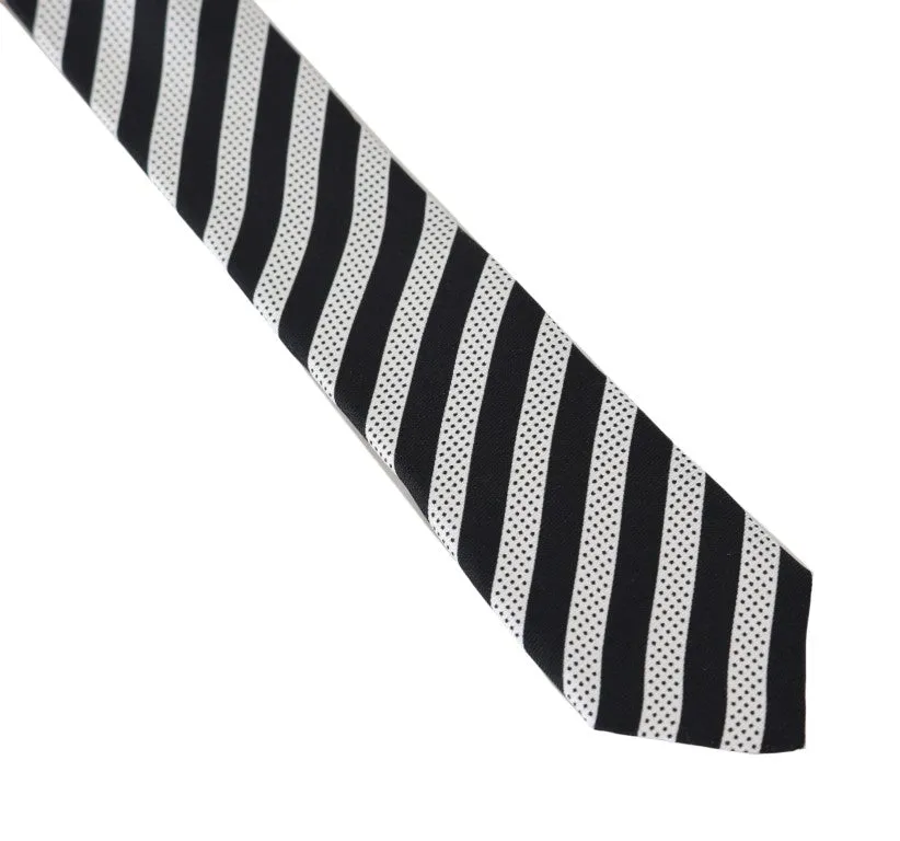 Black White Silk Striped Dotted Slim Tie