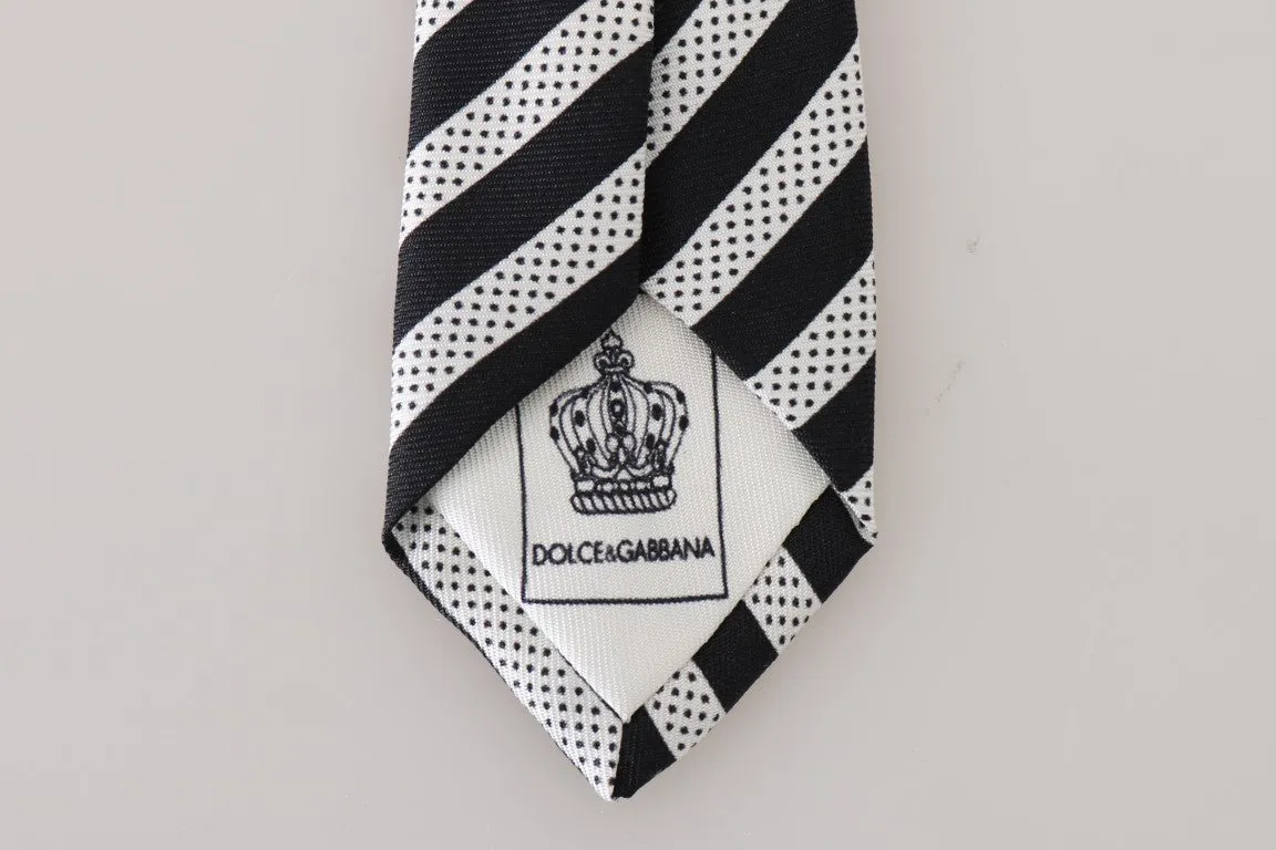 Black White Silk Striped Dotted Slim Tie