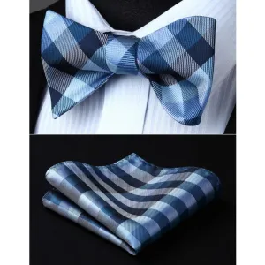 Blue Check Mens Silk Self tie Bow Tie with Pocket Squares Set
