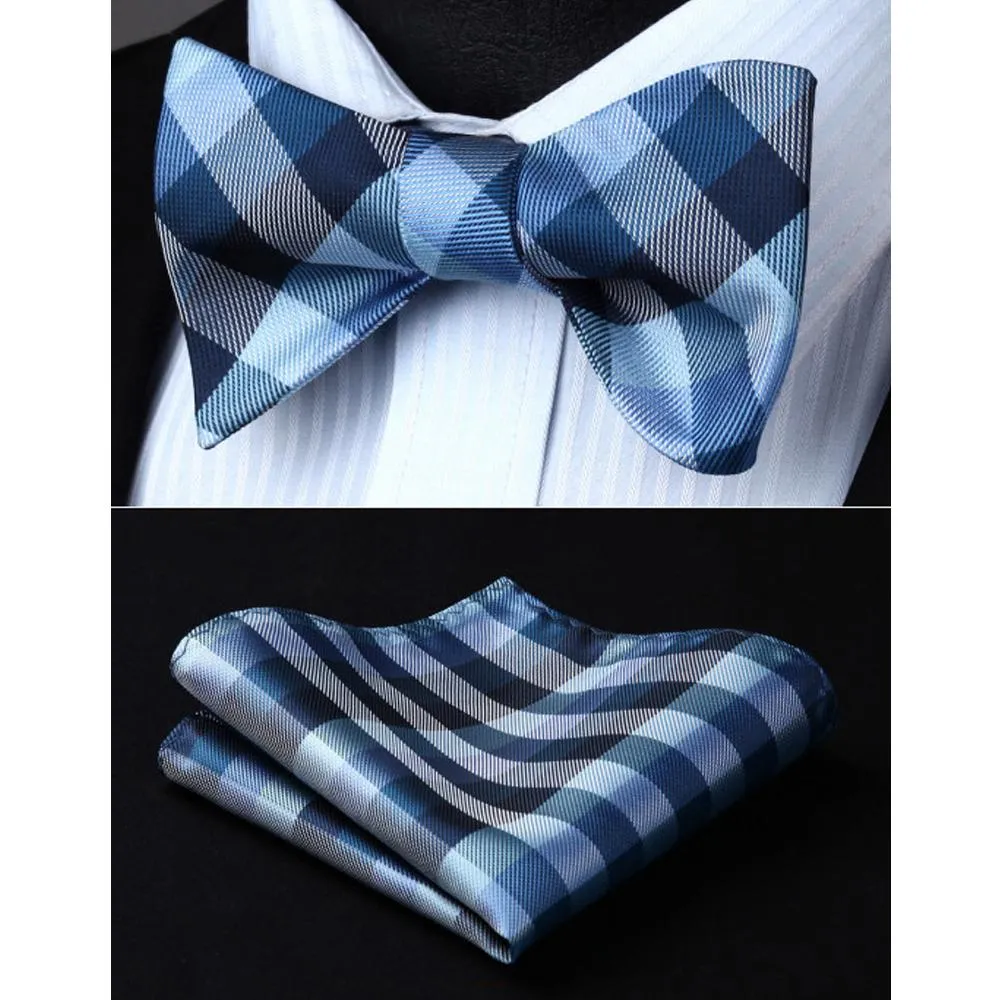 Blue Check Mens Silk Self tie Bow Tie with Pocket Squares Set
