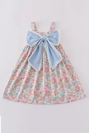 Blue Floral Print Bow Front Dress