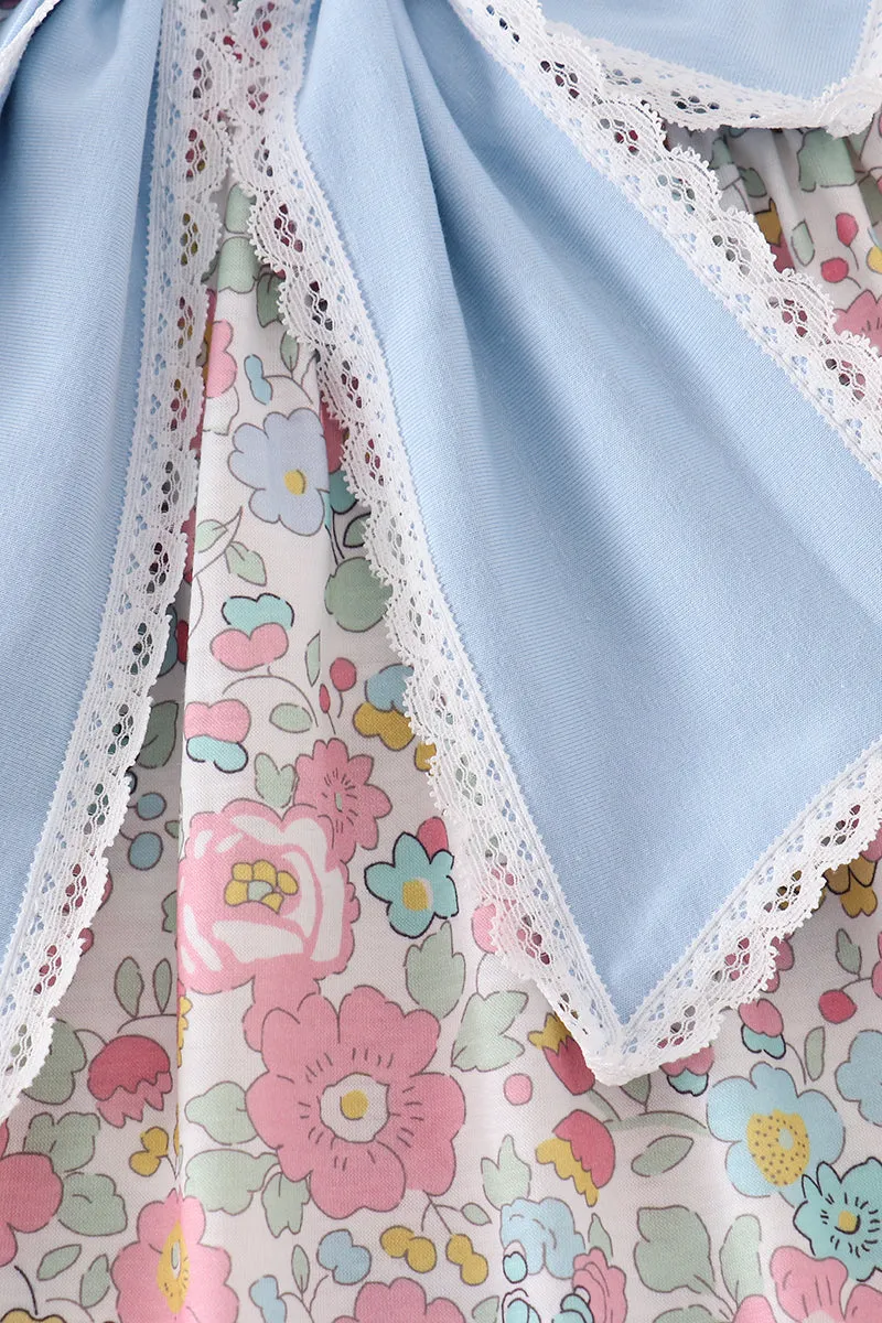 Blue Floral Print Bow Front Dress