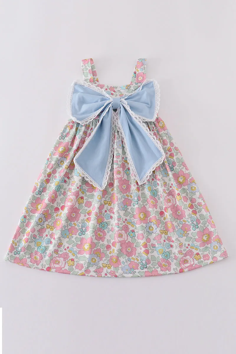 Blue Floral Print Bow Front Dress