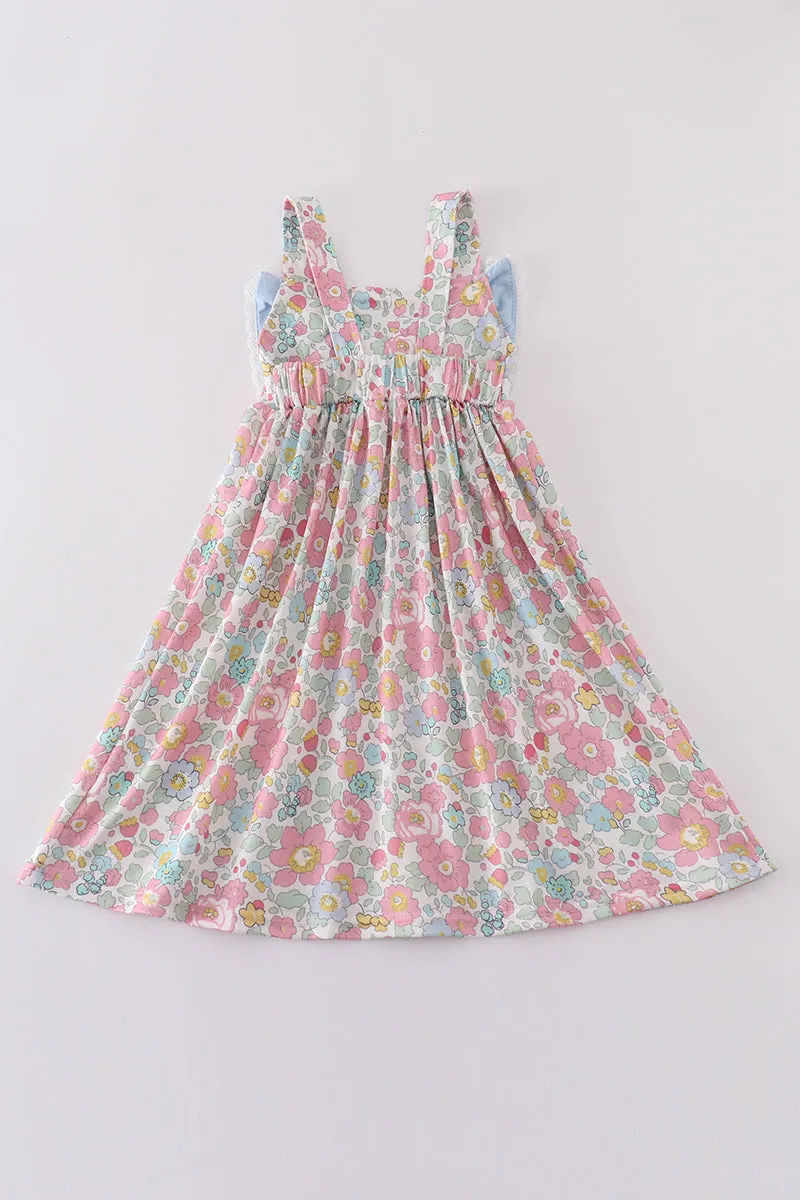Blue Floral Print Bow Front Dress
