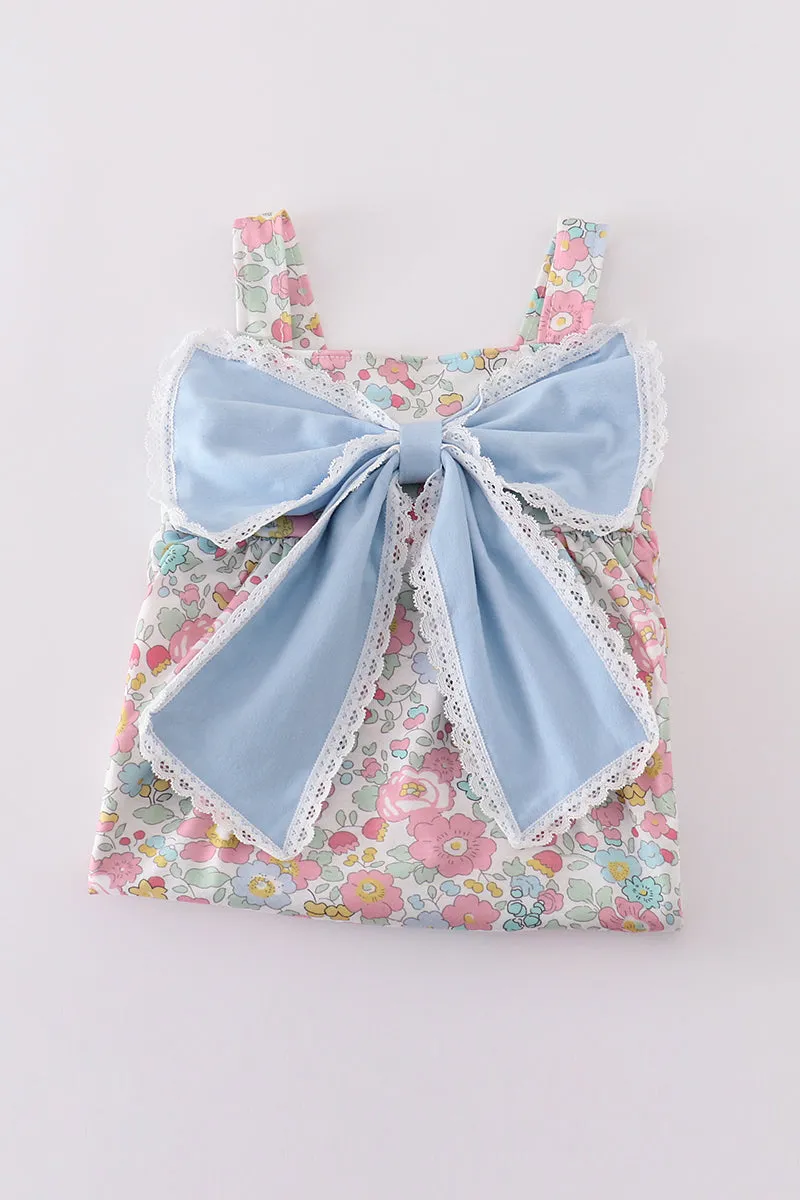 Blue Floral Print Bow Front Dress