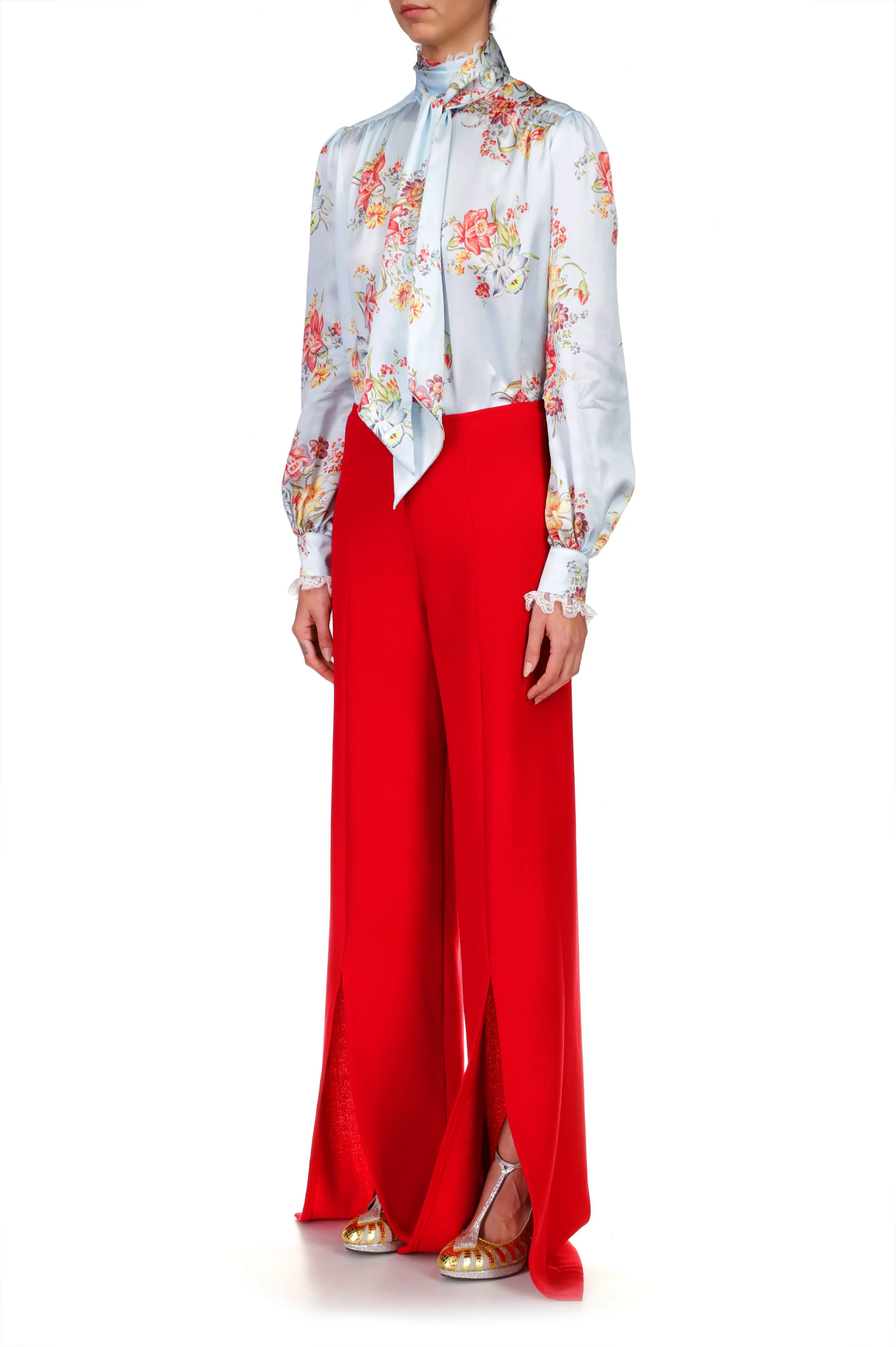 Blue Floral Silk Blouse With Lace Trim