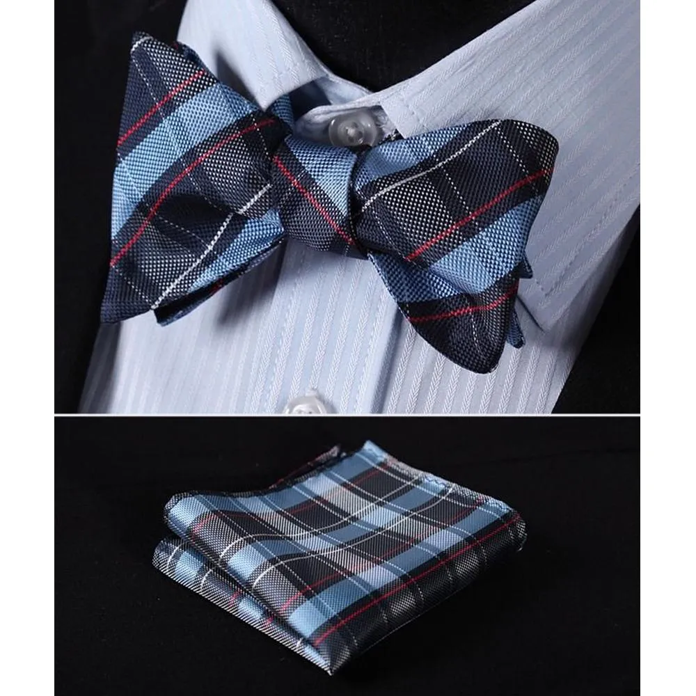 Blue Red Check Mens Silk Self tie Bow Tie with Pocket Squares Set