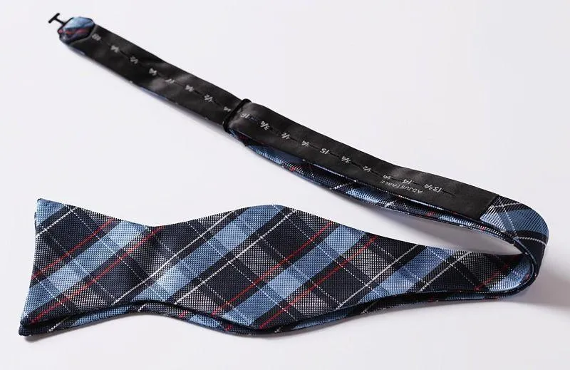 Blue Red Check Mens Silk Self tie Bow Tie with Pocket Squares Set