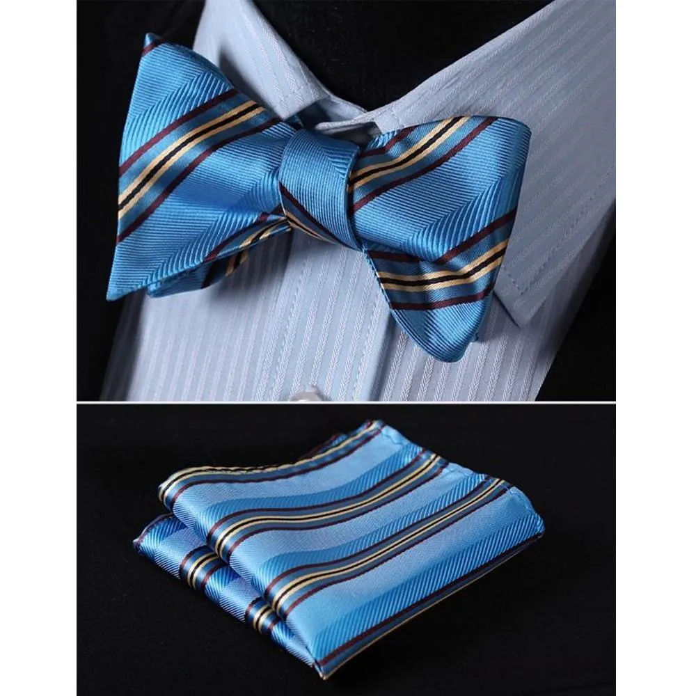 Blue Yellow Mens Silk Self tie Bow Tie with Pocket Squares Set