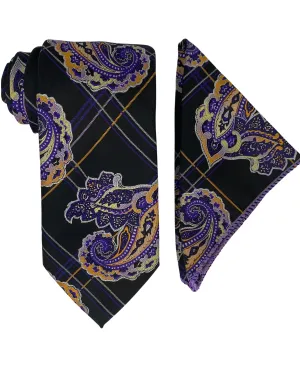 Bruno Conte Geo Paisley Tie and Handkerchief - Black, Gold, & Purple