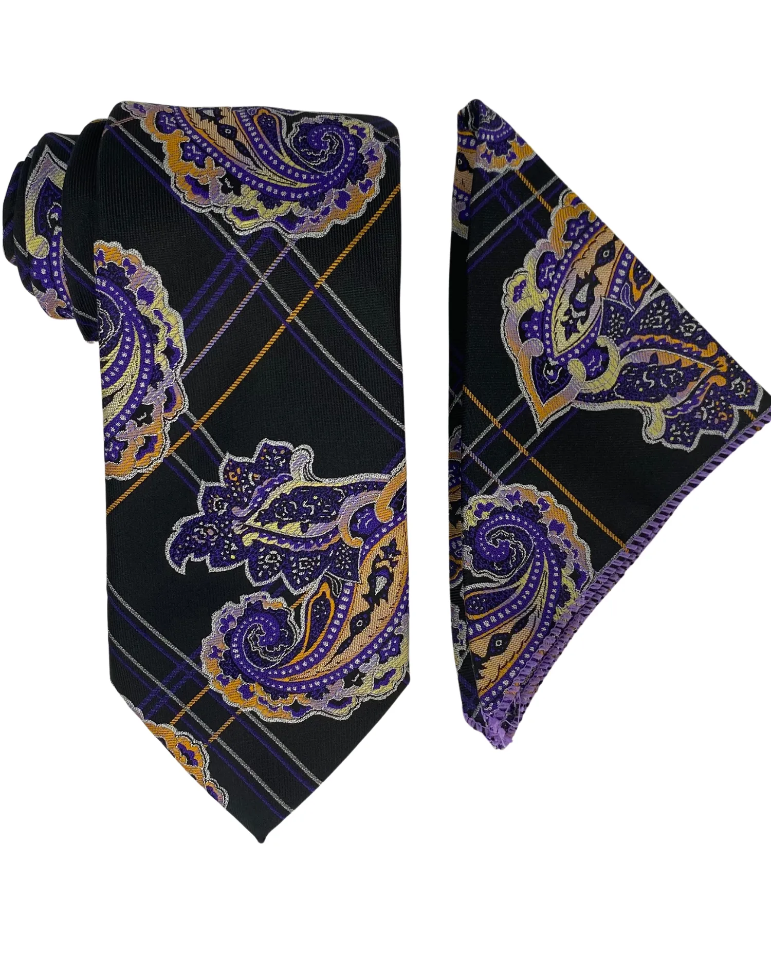 Bruno Conte Geo Paisley Tie and Handkerchief - Black, Gold, & Purple