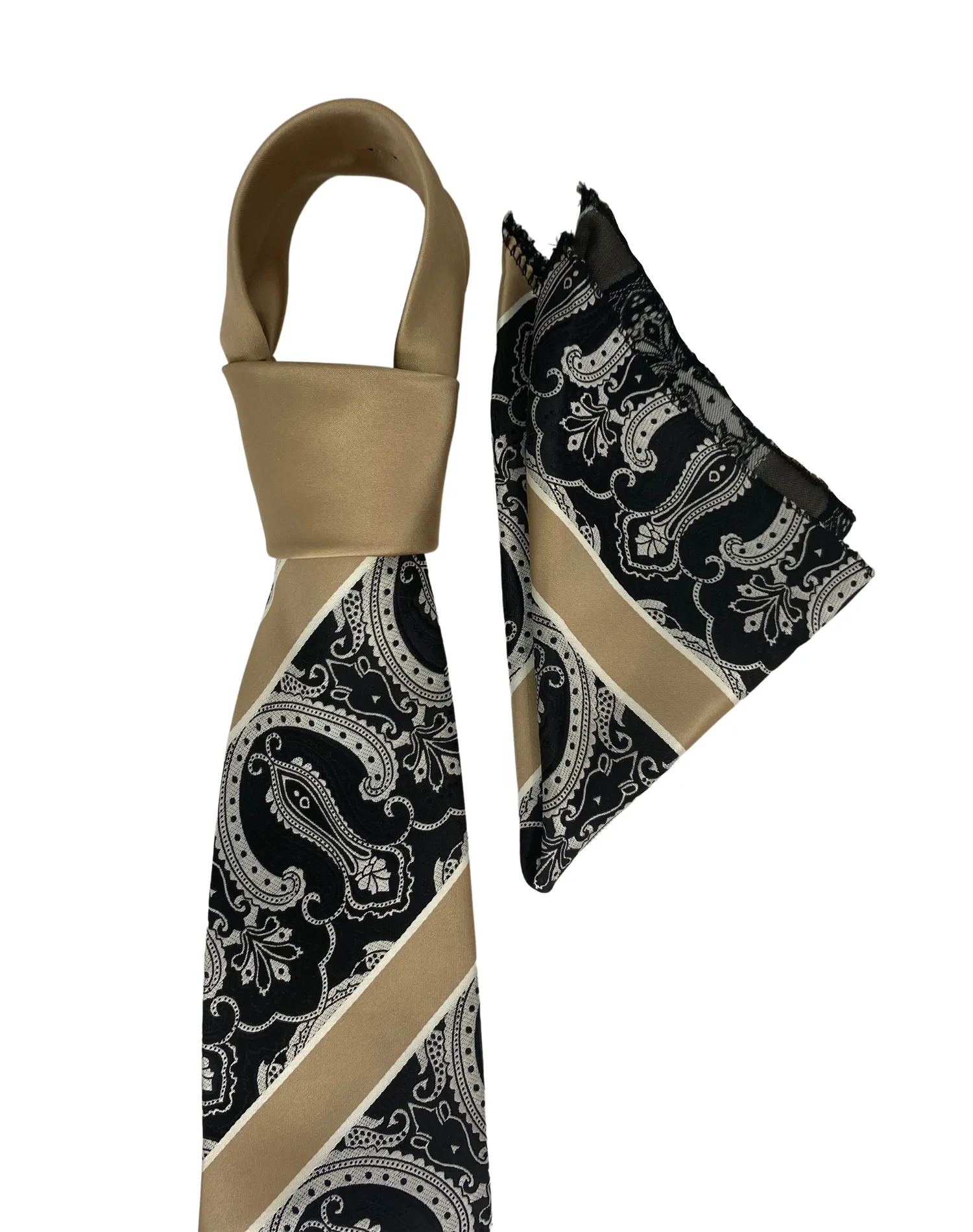 Bruno Conte Stripe Paisley Tie and Handkerchief - Taupe & Black