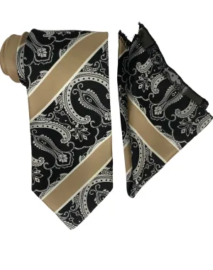 Bruno Conte Stripe Paisley Tie and Handkerchief - Taupe & Black