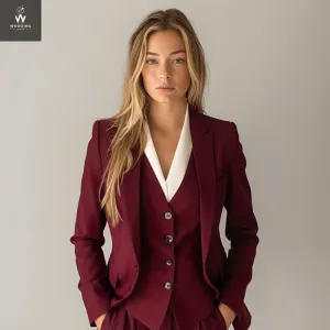 Burgundy Three-Piece Pant Suit for Women - Elegant Wedding Suit Set, Dressy Formal Wear