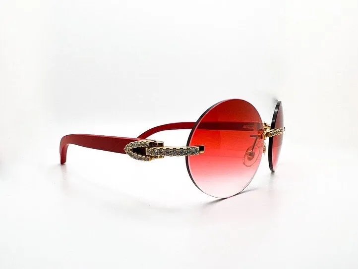 C Decor - Gold Red Woods w/ Red Oval Lenses - Diamonds Prong Set