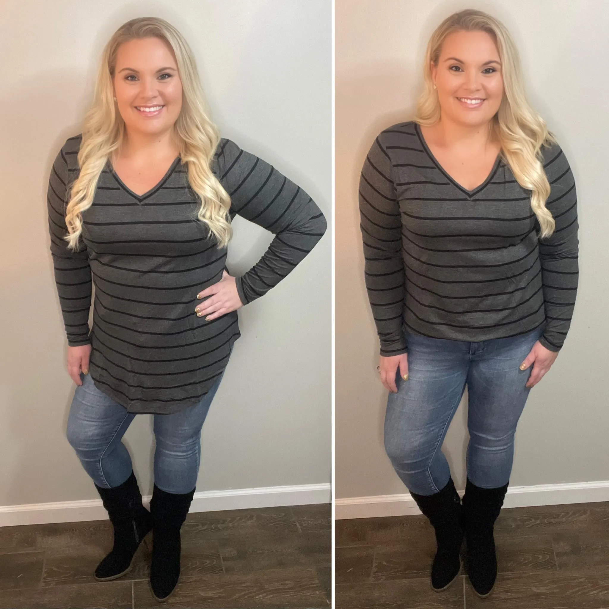 CHARCOAL/BLACK STRIPED V-NECK DOLPHIN HEM TOP