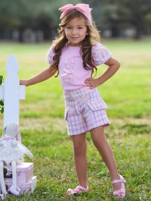 Chic Embroidered Bunny Top and Tweed Short Set
