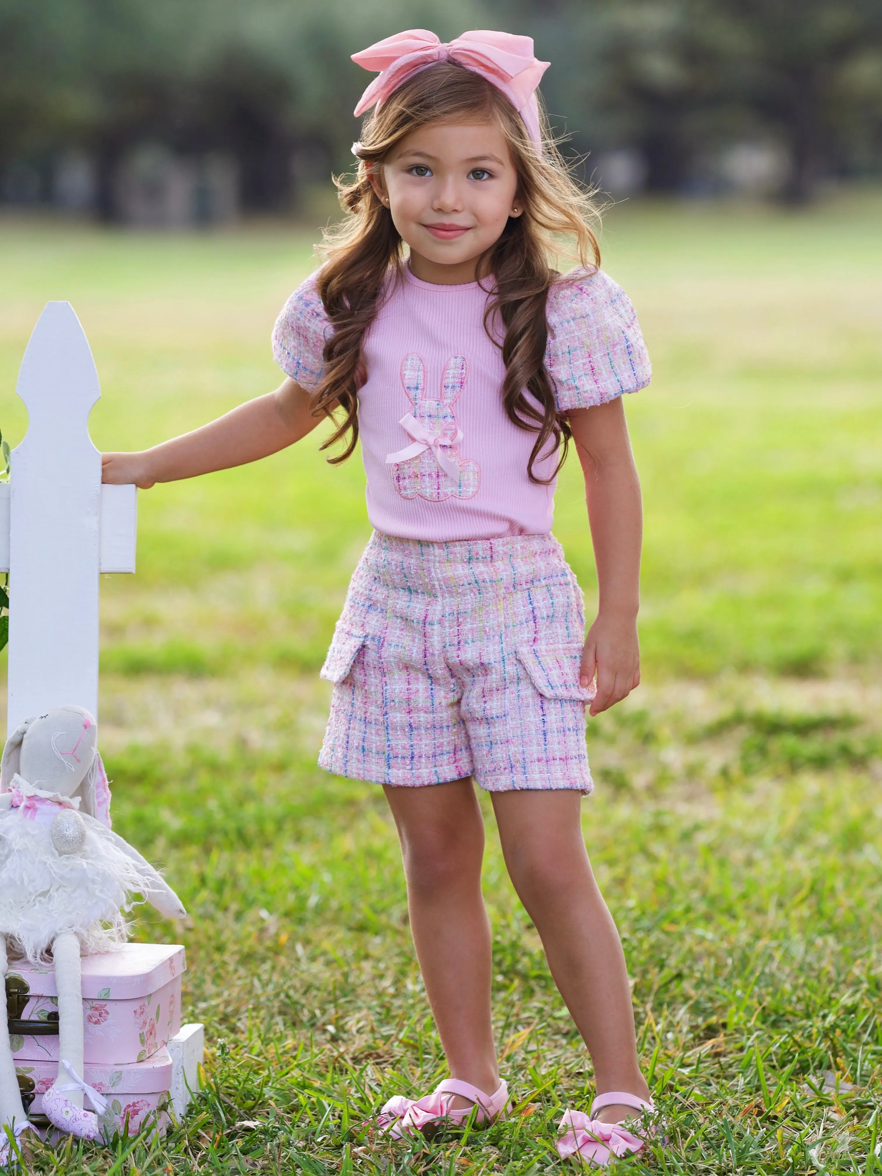 Chic Embroidered Bunny Top and Tweed Short Set