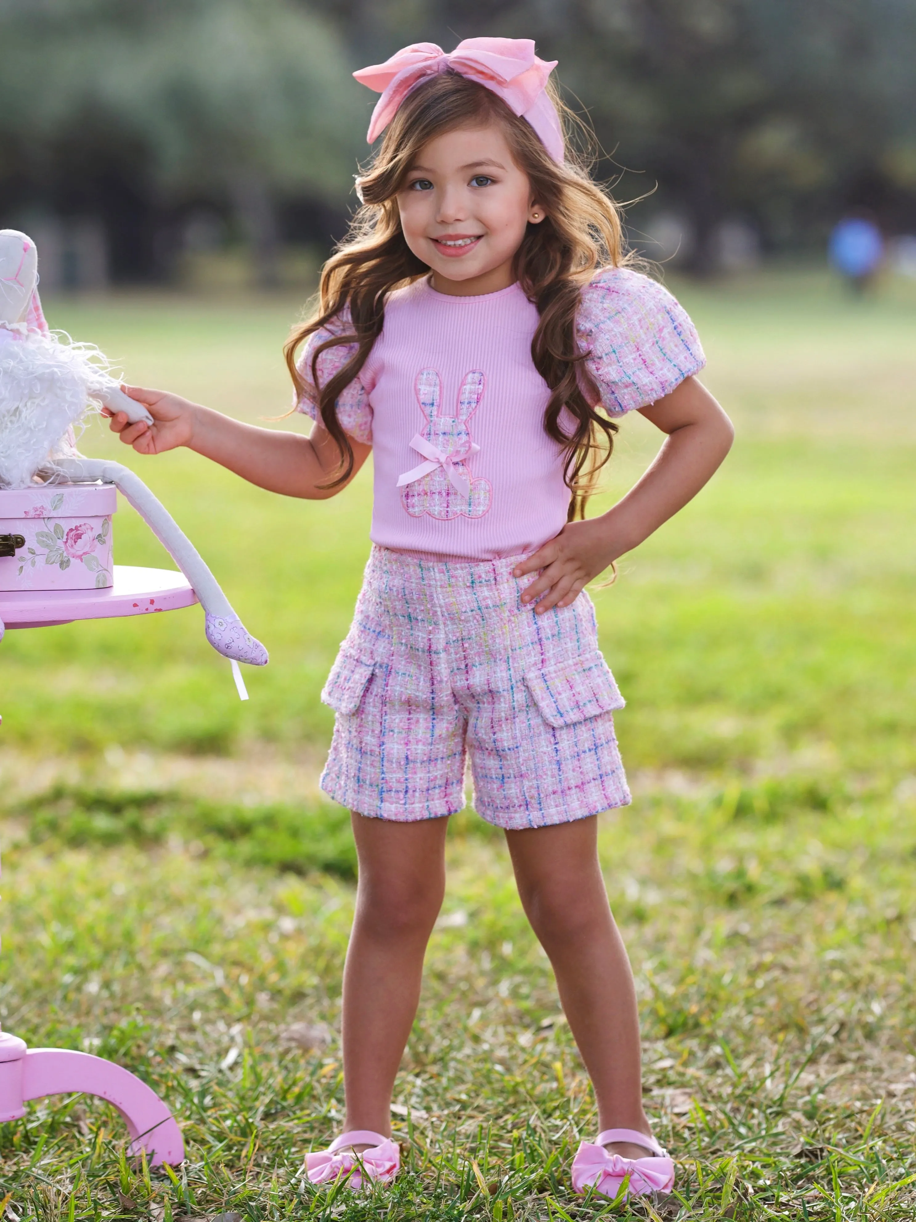 Chic Embroidered Bunny Top and Tweed Short Set