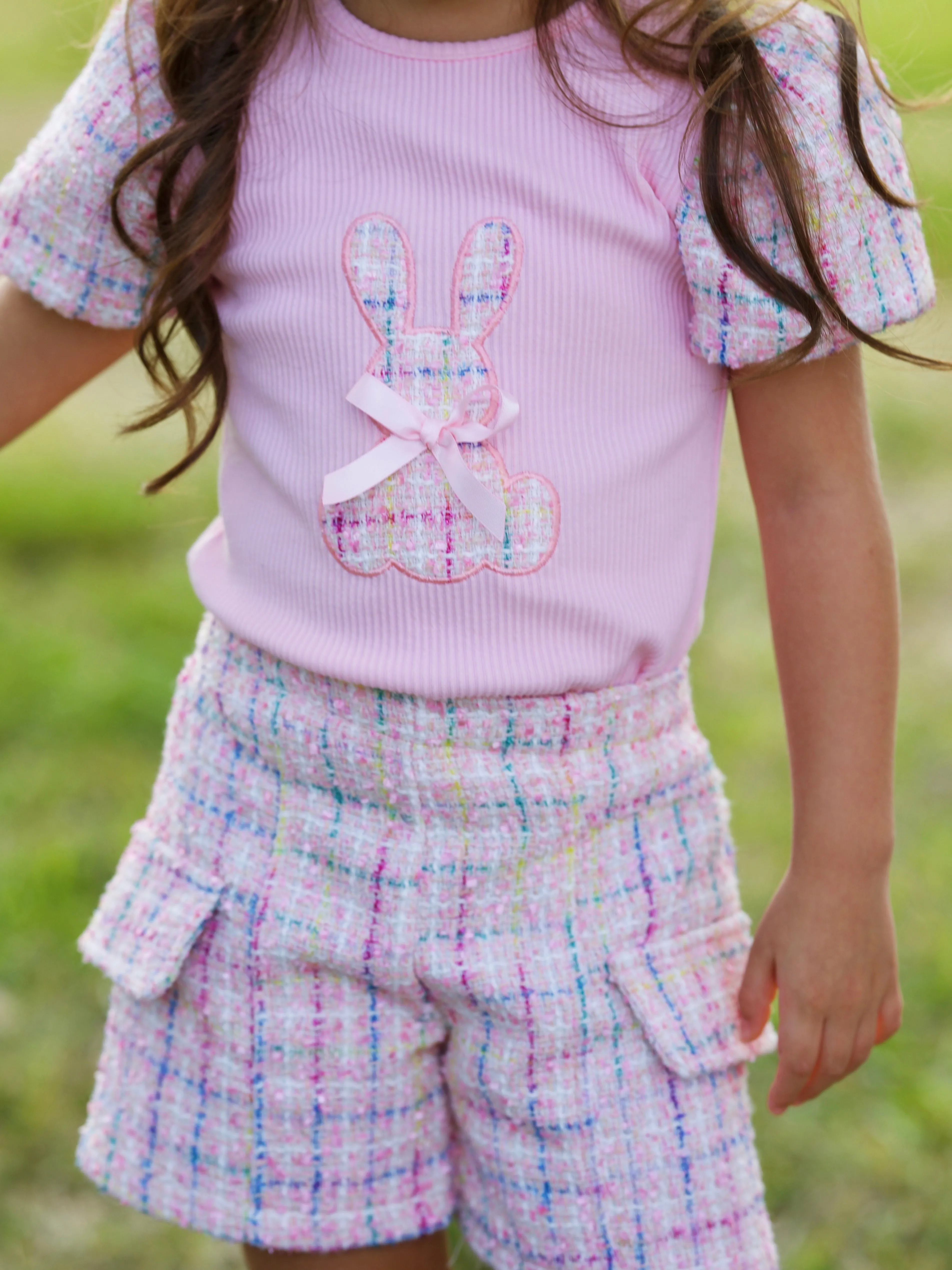 Chic Embroidered Bunny Top and Tweed Short Set