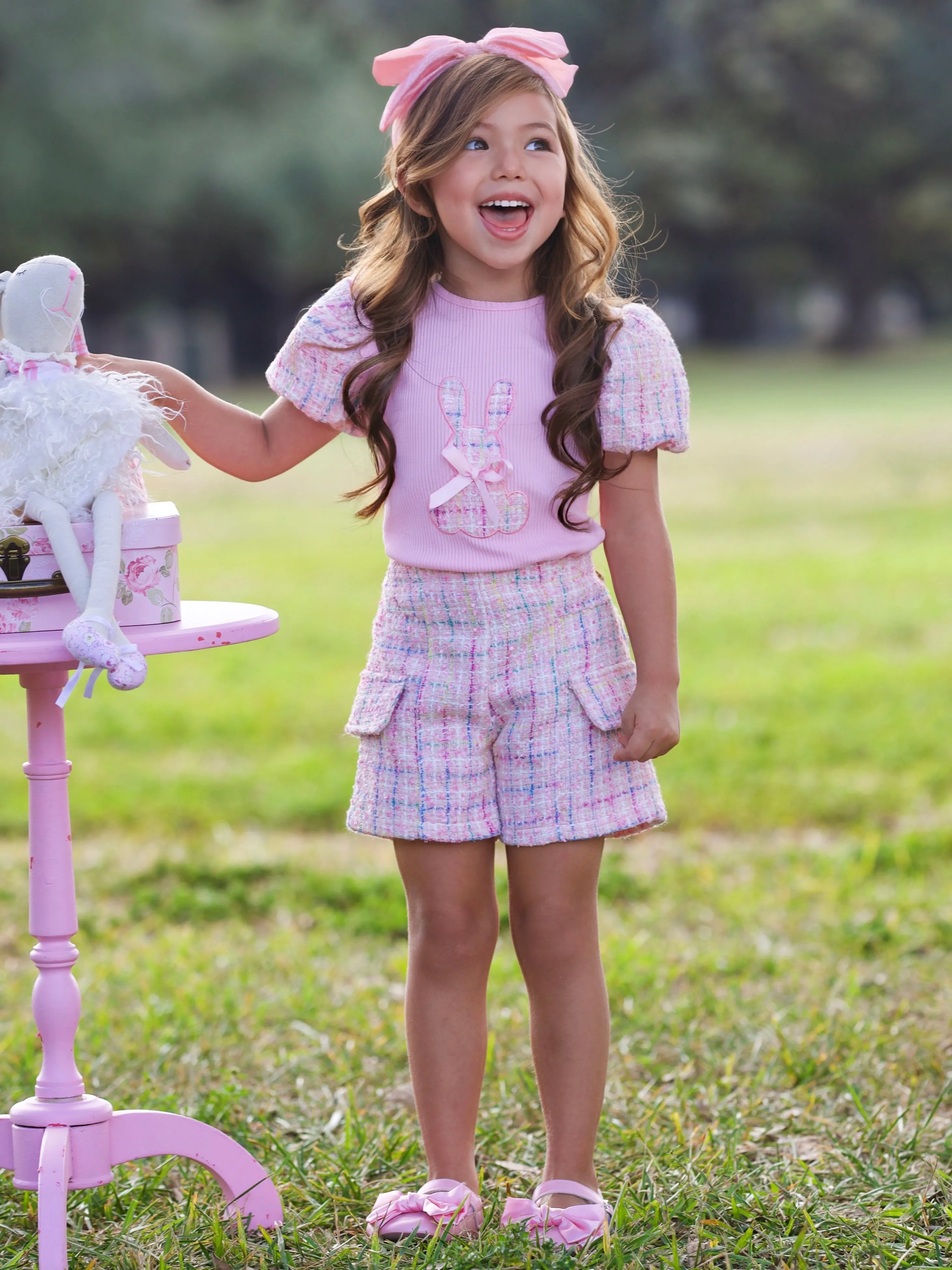 Chic Embroidered Bunny Top and Tweed Short Set