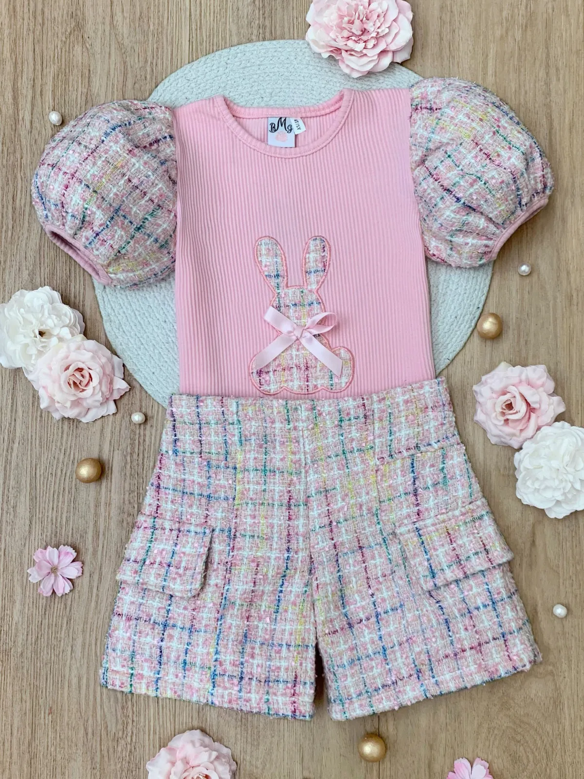Chic Embroidered Bunny Top and Tweed Short Set