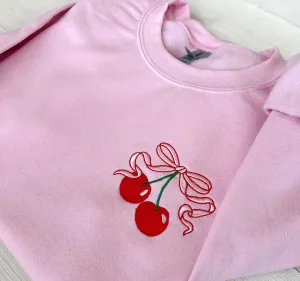 Coquette Cherries Bow Embroidered Womens Sweatshirt