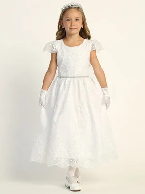 Corded Embroidered Tulle First Communion Dress with Rhinestone Waist - SP207