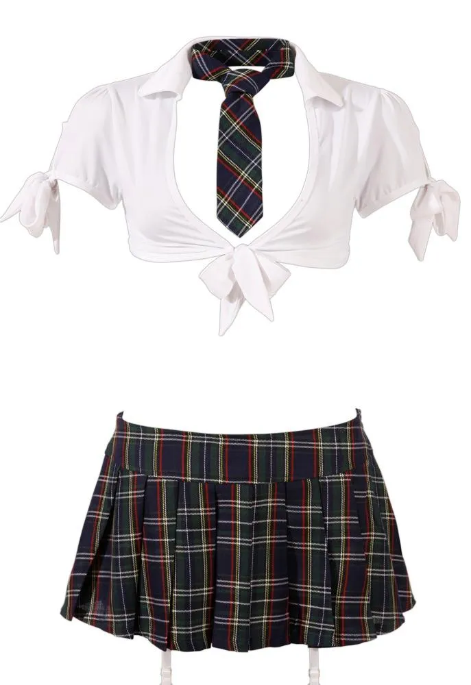 Cottelli Collection Schoolgirl Costume With Mini Skirt, Tie, Crotchless Panties & Colourful Checkered Design