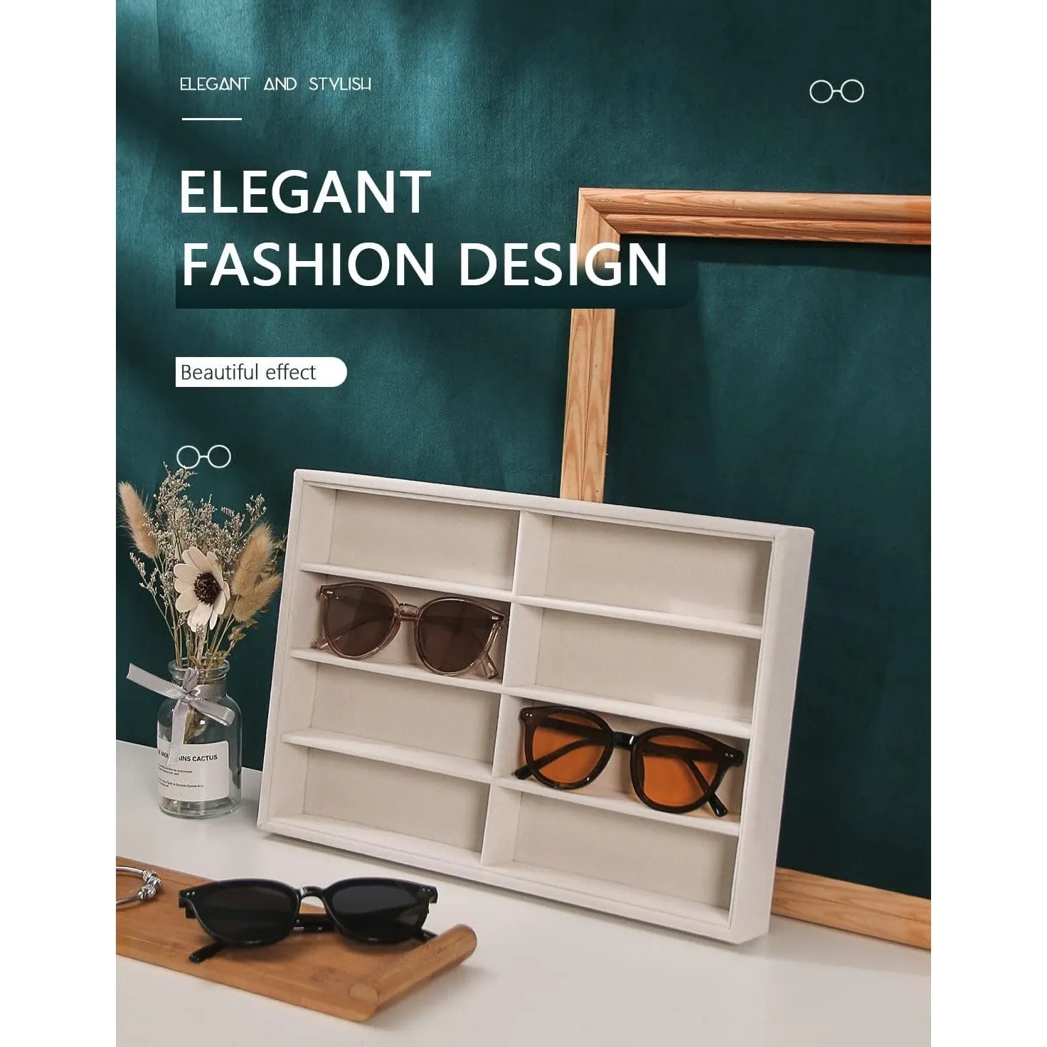 Coward Sunglass Organizer Tray, Beige Velvet Glasses Organizer Trays, Eyeglasses Watches Jewelry Display Organizer Tray Box for Men Women (8 Grids)