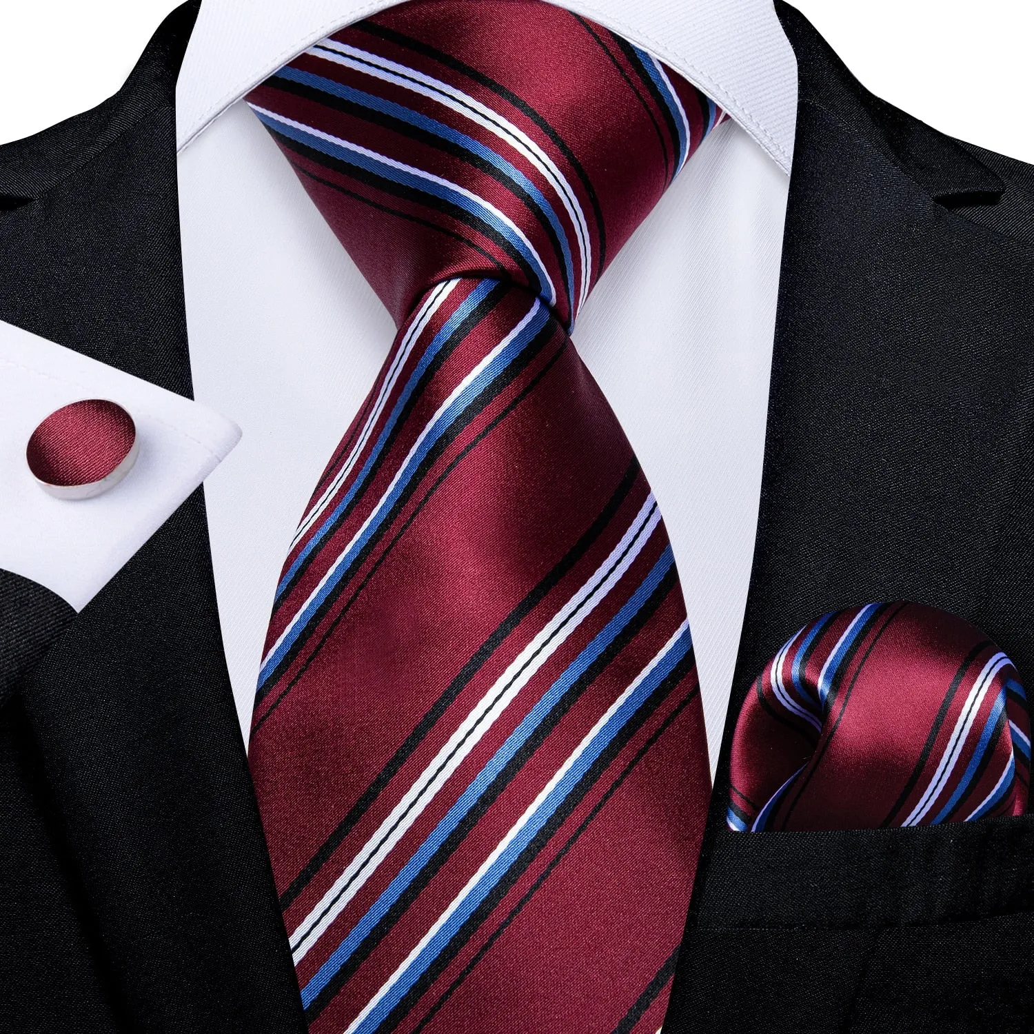 DiBanGu Designer Mens Wedding Tie Gold Black Striped Silk Neck Ties For Men Hanky Cufflinks Set Business Party Gravatas