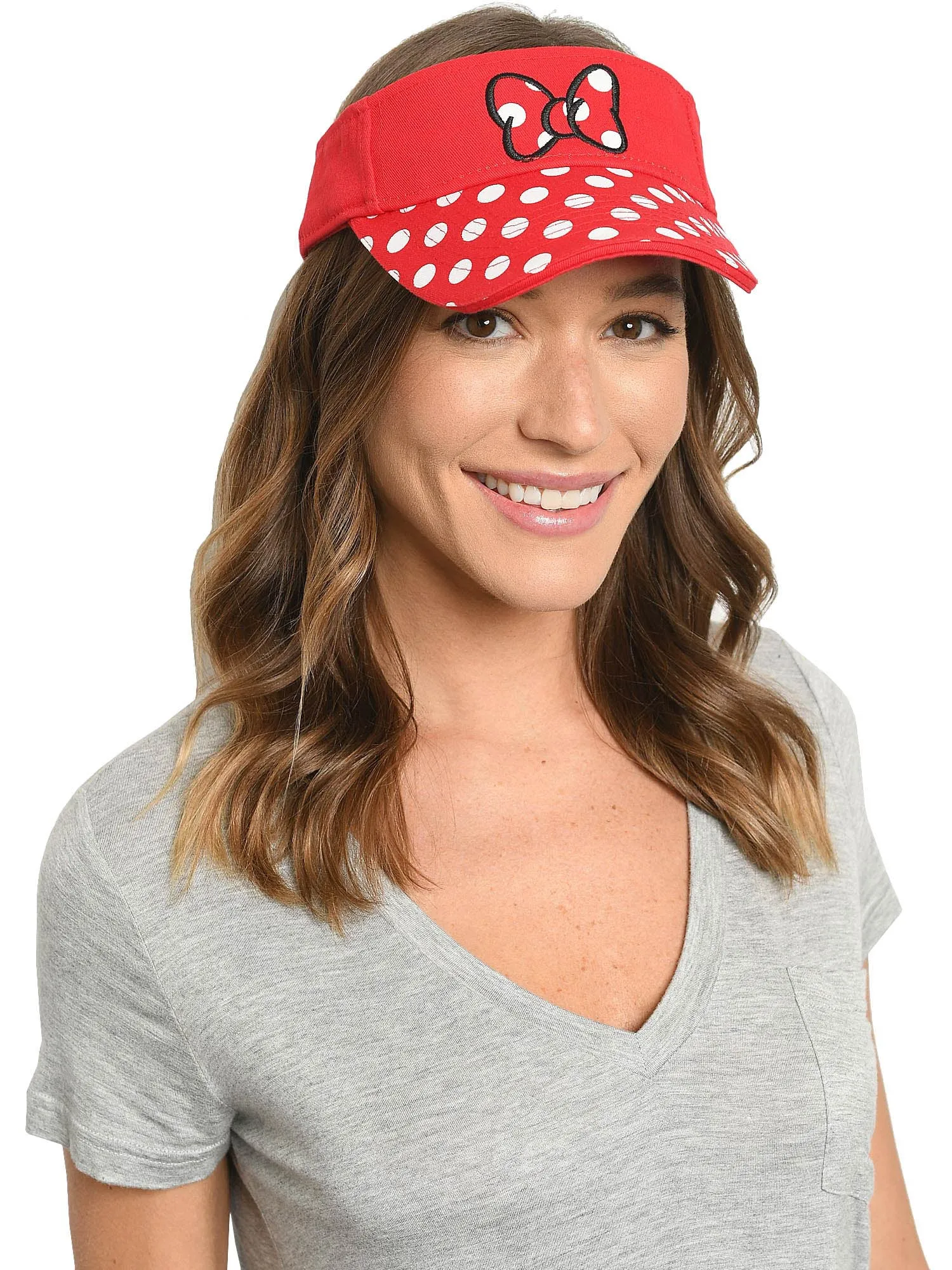 Disney Womens Minnie Mouse Polka Dot Embroidered Stitch Bow Visor Hat Cap Red