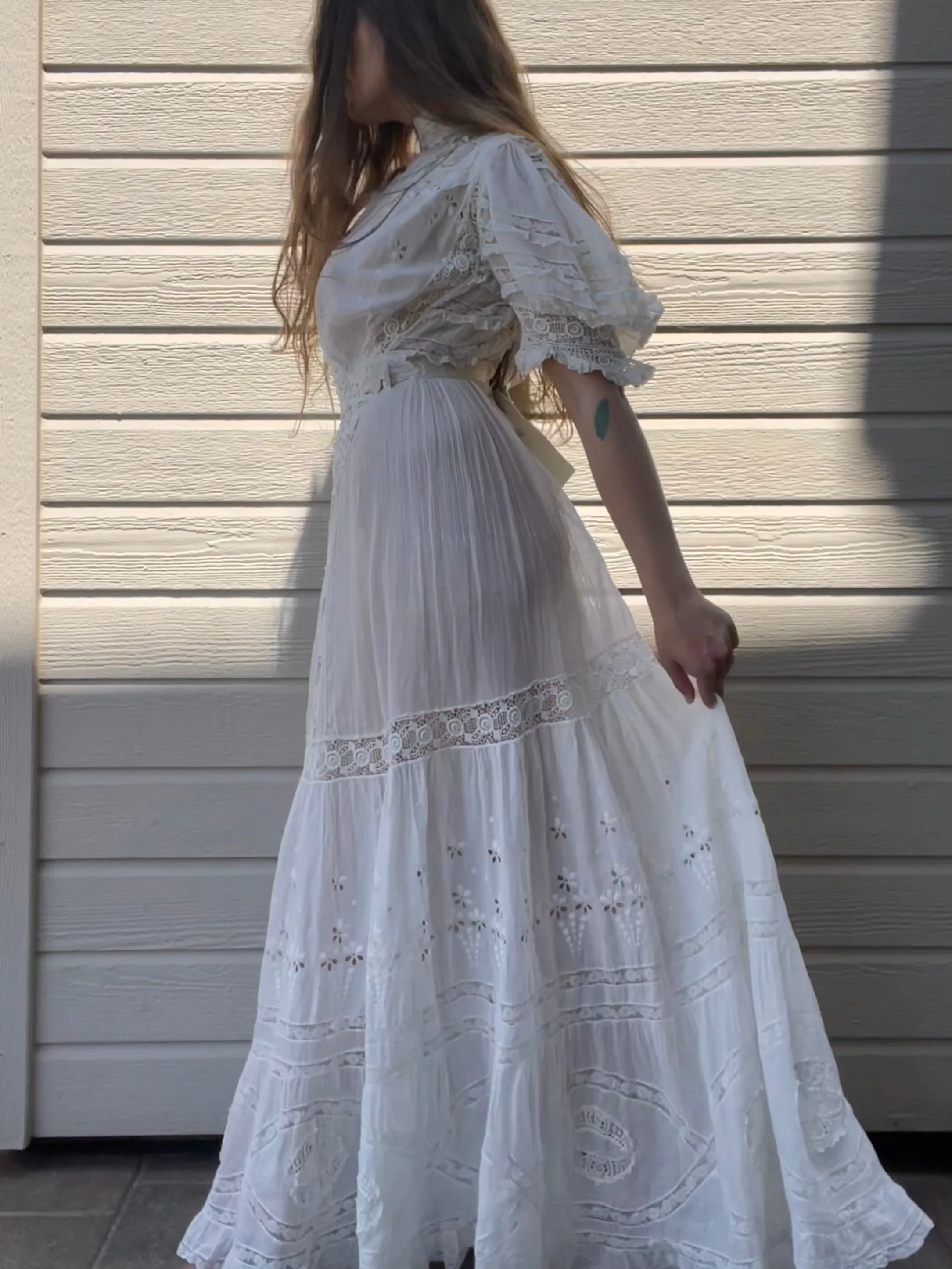 Early 1900s Fine Cotton & Lace High Neck Wedding Dress