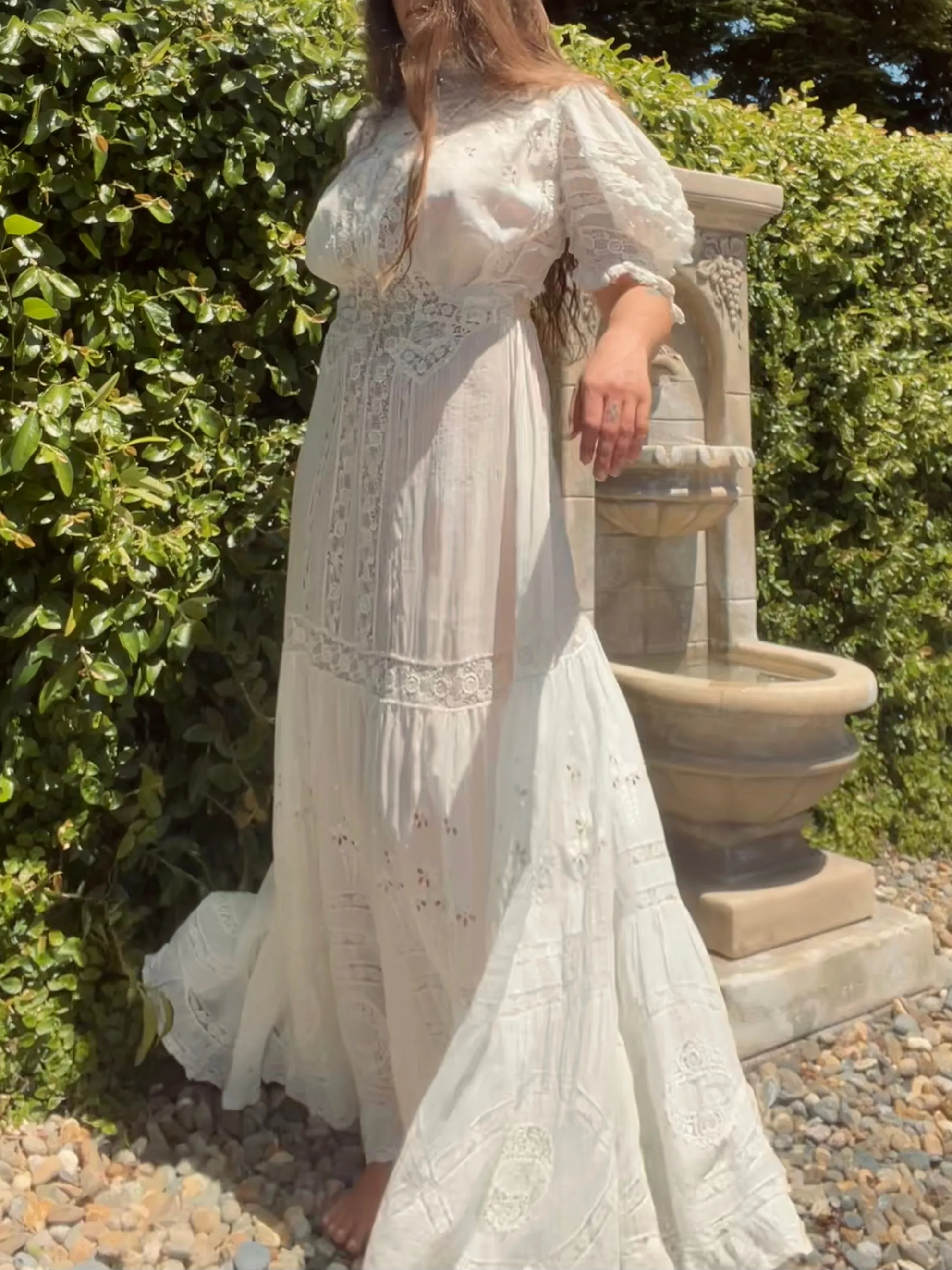 Early 1900s Fine Cotton & Lace High Neck Wedding Dress