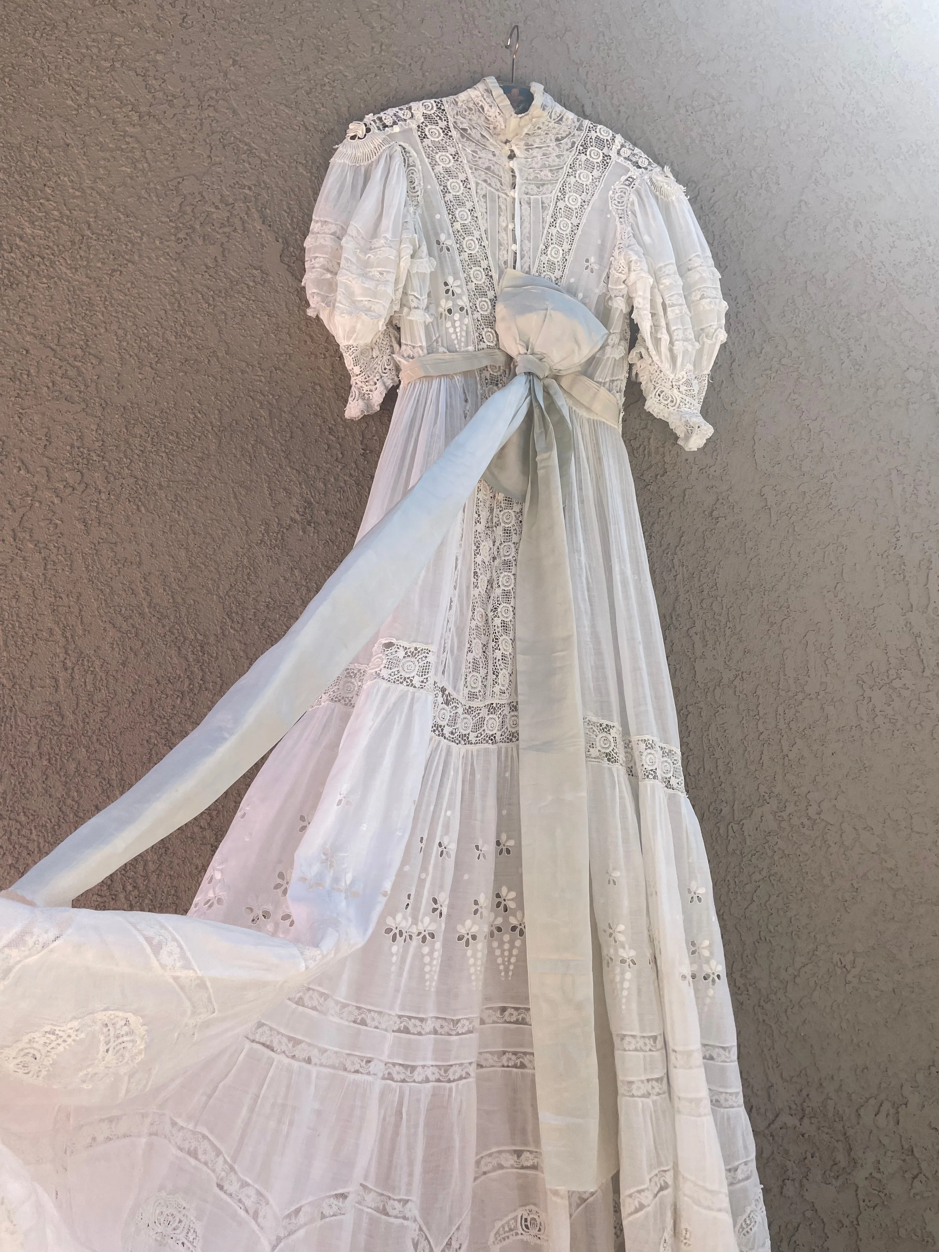 Early 1900s Fine Cotton & Lace High Neck Wedding Dress