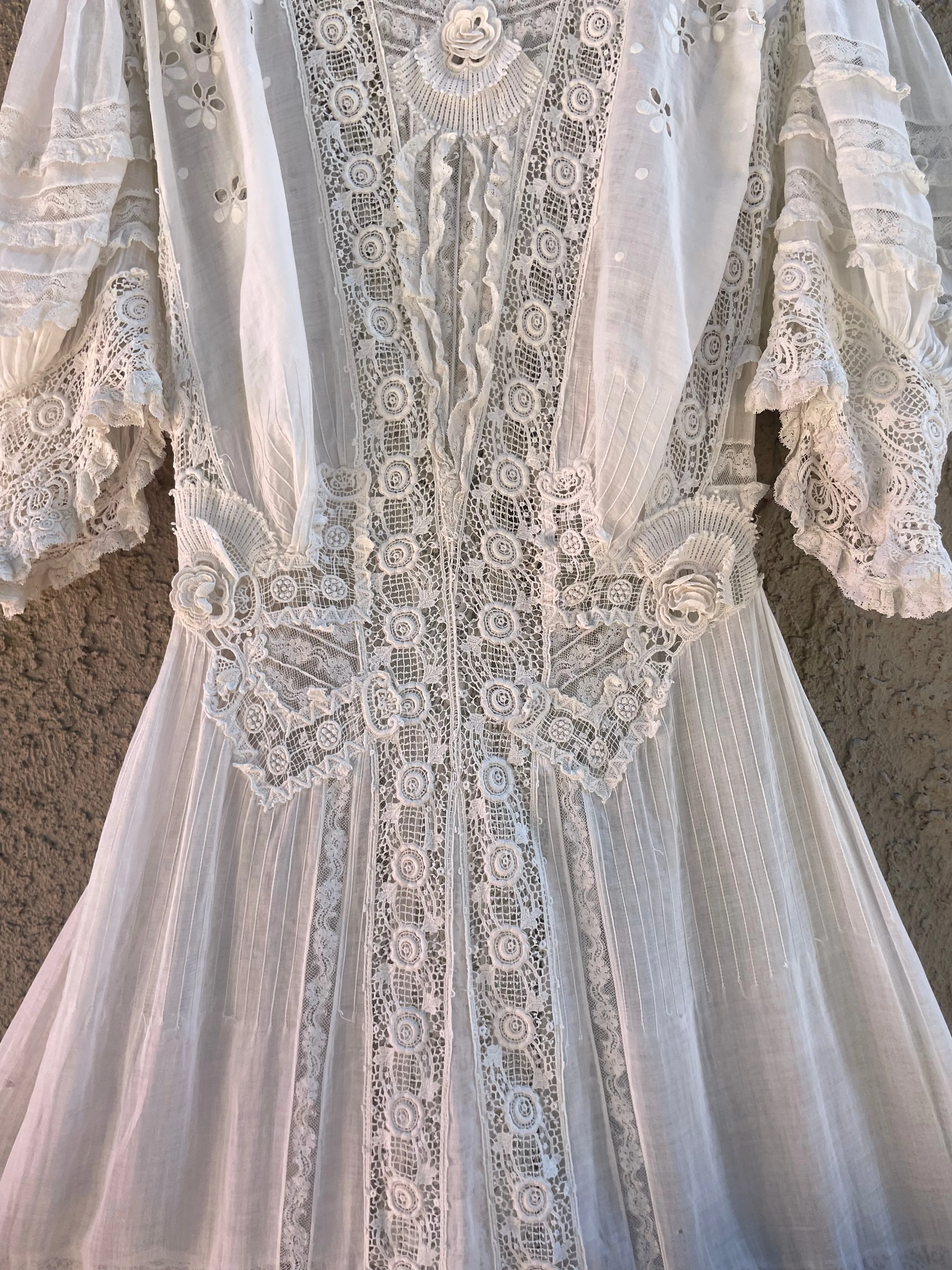 Early 1900s Fine Cotton & Lace High Neck Wedding Dress