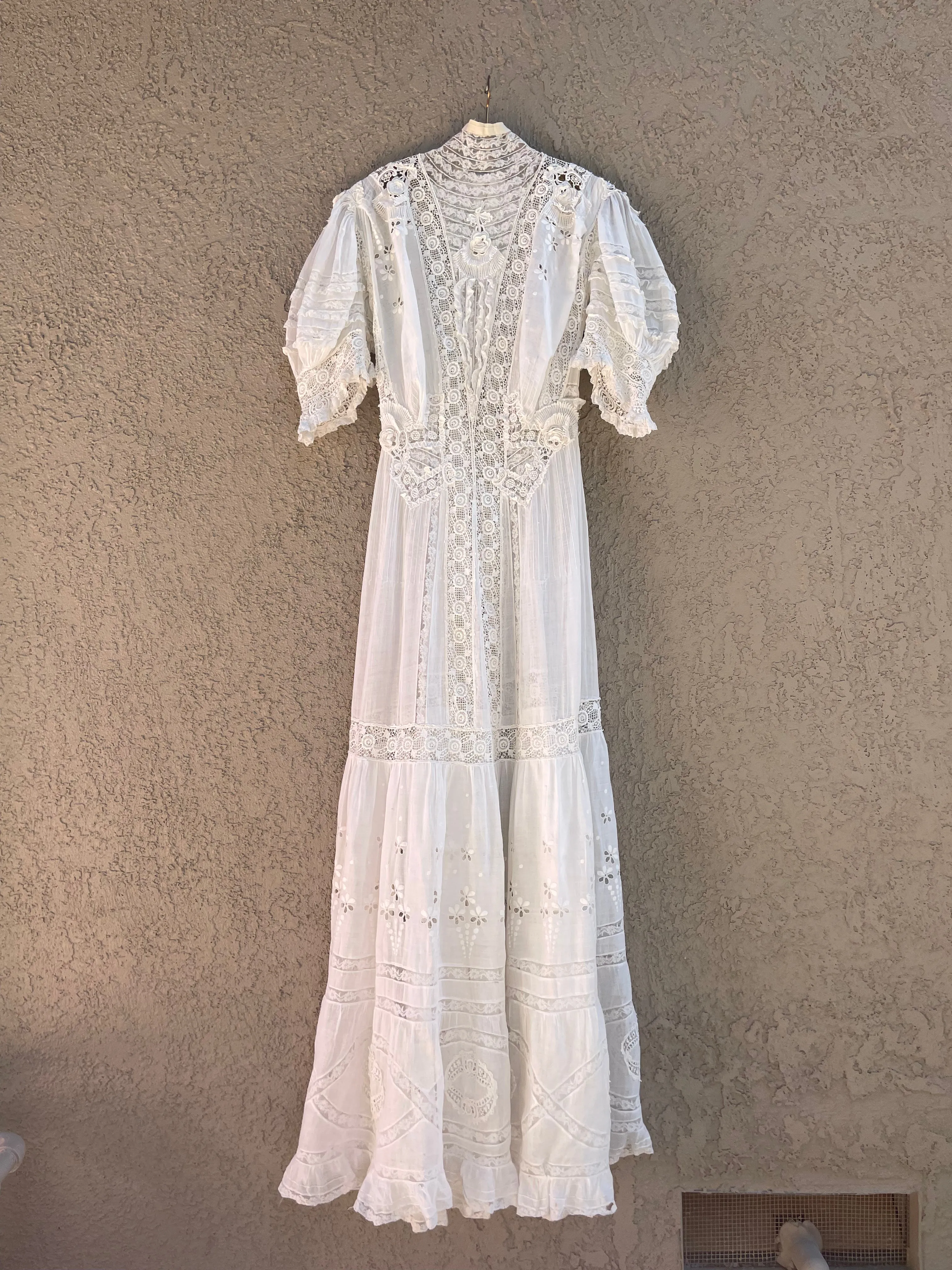 Early 1900s Fine Cotton & Lace High Neck Wedding Dress