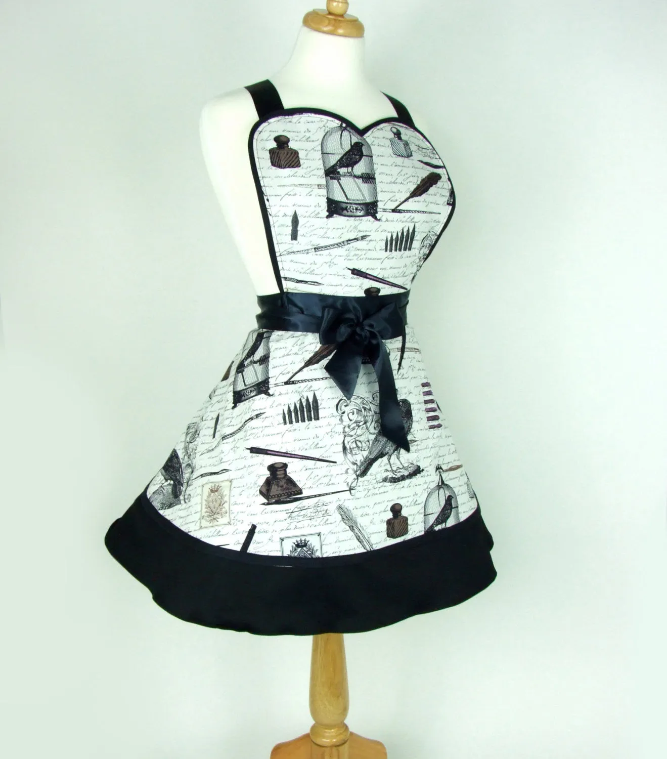 Edgar Allen Poe Inspired Two Skirt Apron / Black and white #A-2TE556