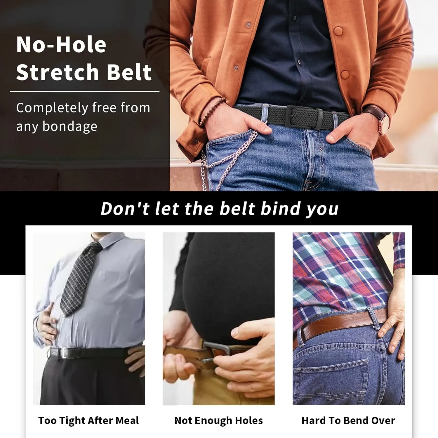 Elastic Braided Mens Belts 1 3/8", Nylon Work Belts for Men