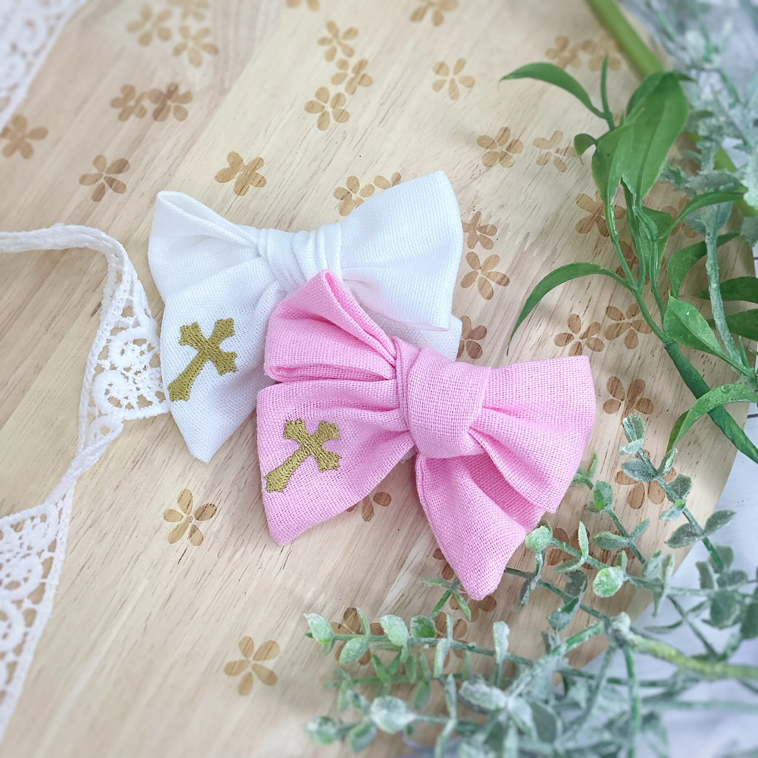 Embroidered Gold Cross Religious Bow Strips