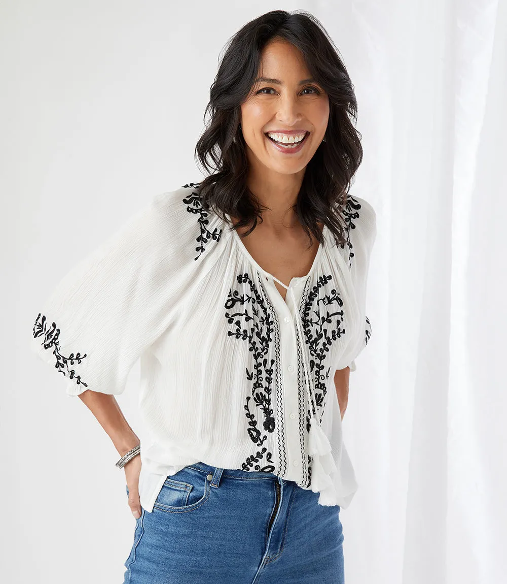 Embroidered Peasant Top