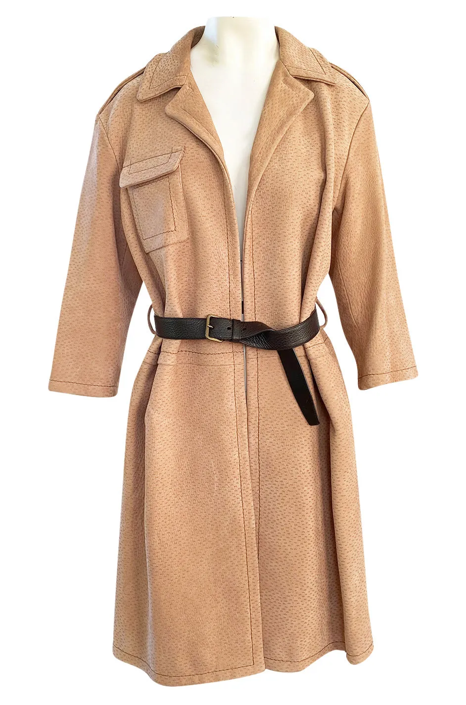 Fall 2003 Prada Runway Documented Ostrich Textured Suede Leather Coat w Belt