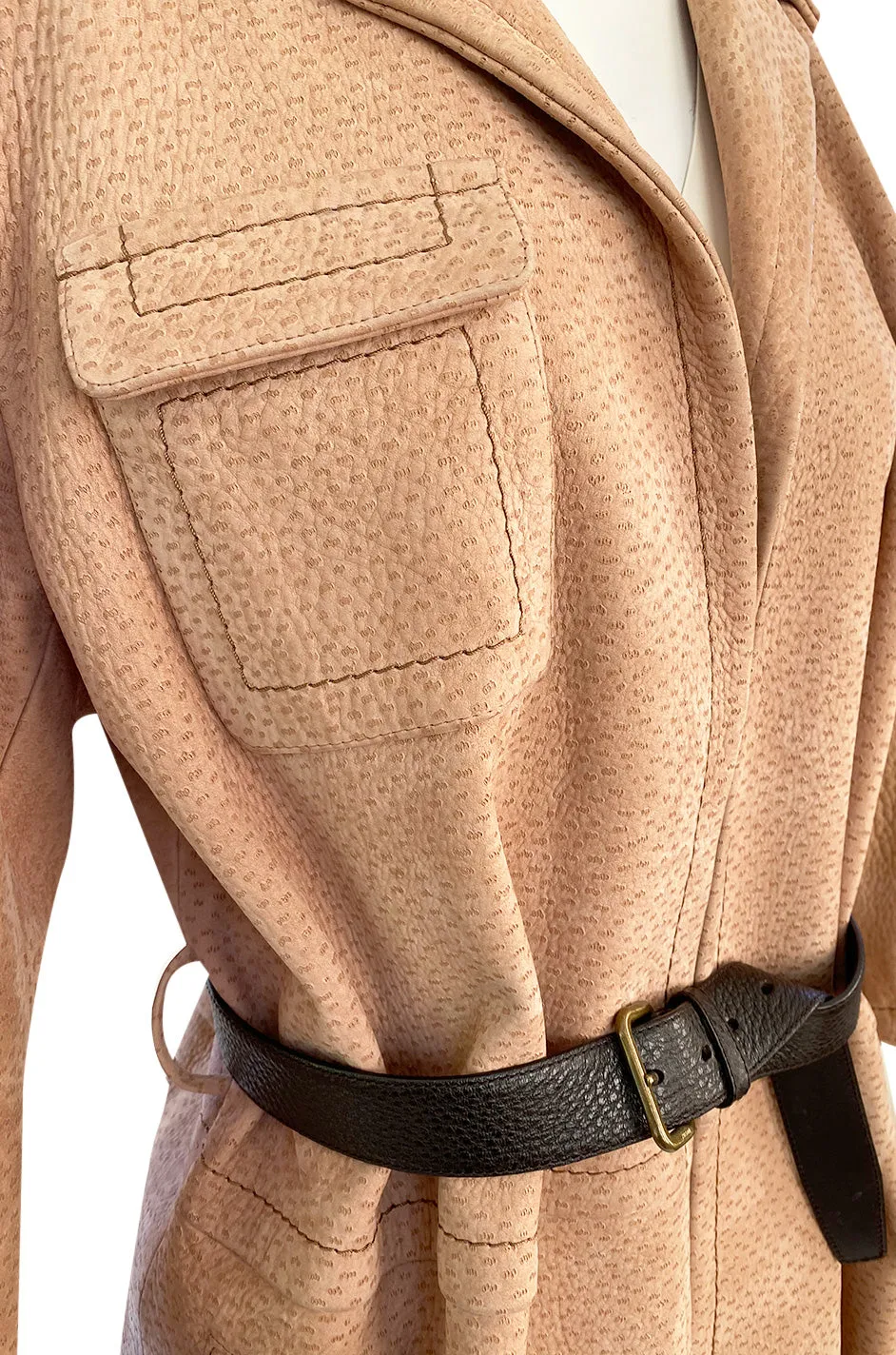 Fall 2003 Prada Runway Documented Ostrich Textured Suede Leather Coat w Belt