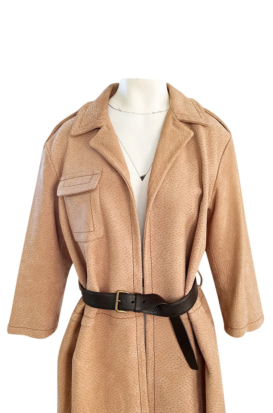 Fall 2003 Prada Runway Documented Ostrich Textured Suede Leather Coat w Belt
