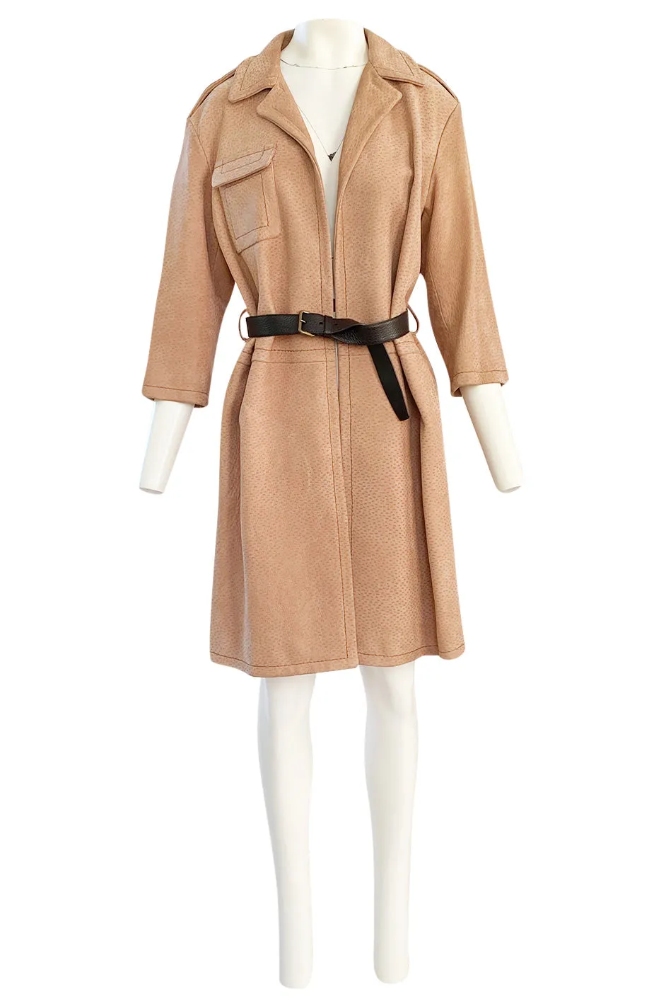 Fall 2003 Prada Runway Documented Ostrich Textured Suede Leather Coat w Belt
