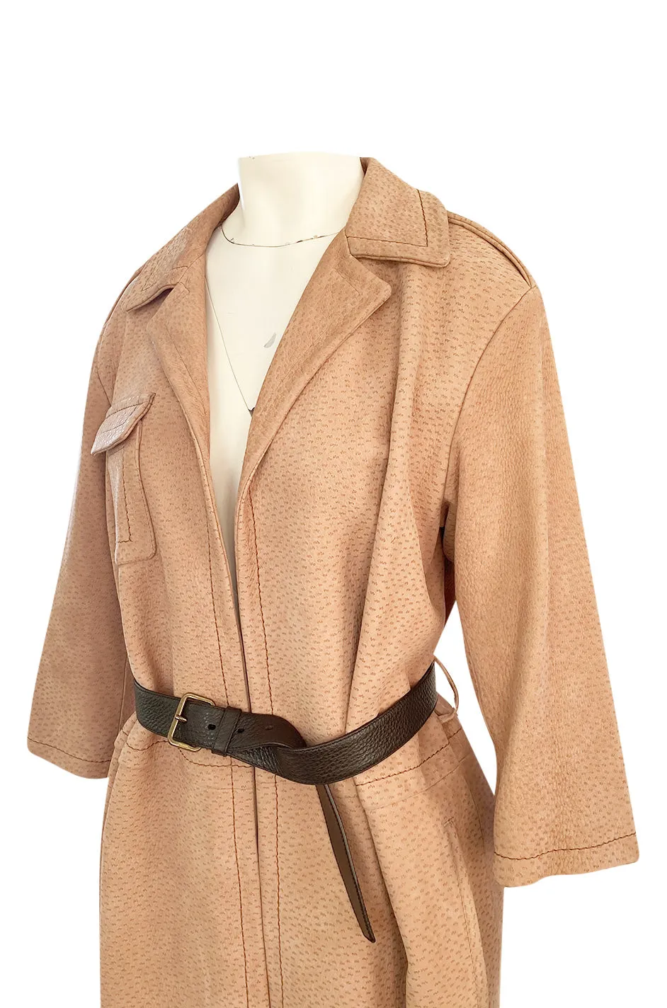 Fall 2003 Prada Runway Documented Ostrich Textured Suede Leather Coat w Belt