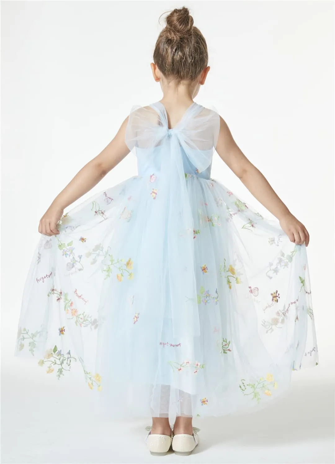 Floral Embroidered Tulle Strap Girl Dress in Blue